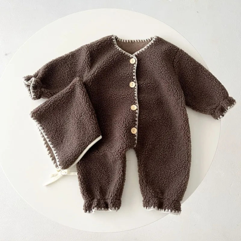Side View of Lamb Wool Winter Baby Romper Set