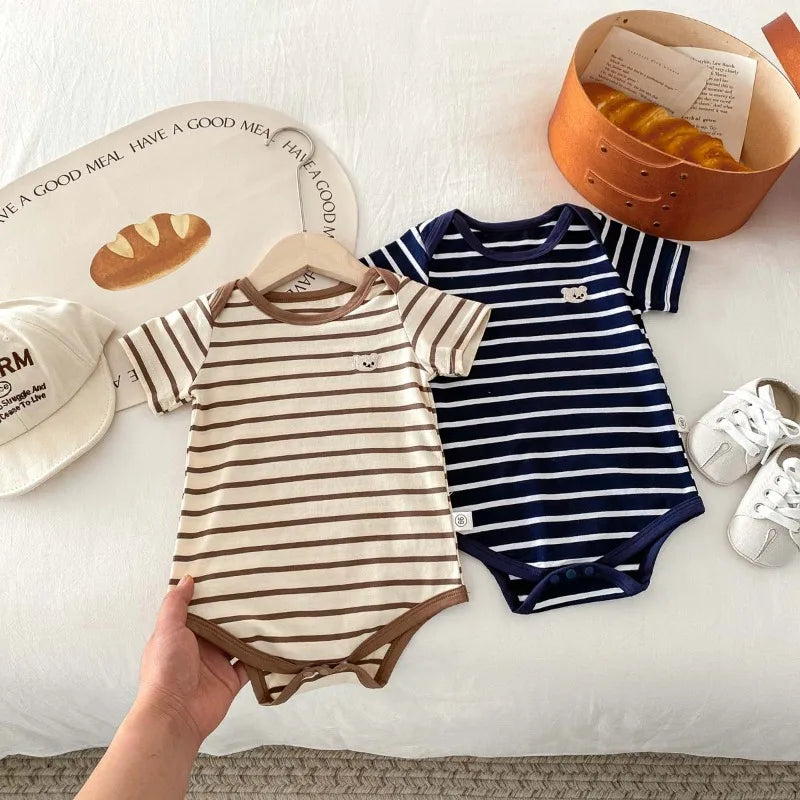Striped Bear Romper in Apricot and Blue colors