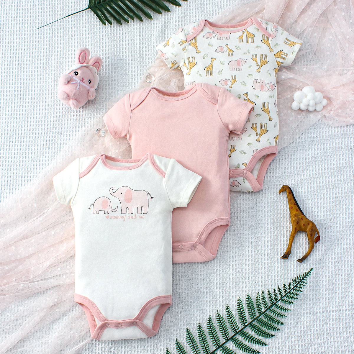 Animal Kingdom Bodysuit Set with Elephant Letter Pattern Short Sleeve