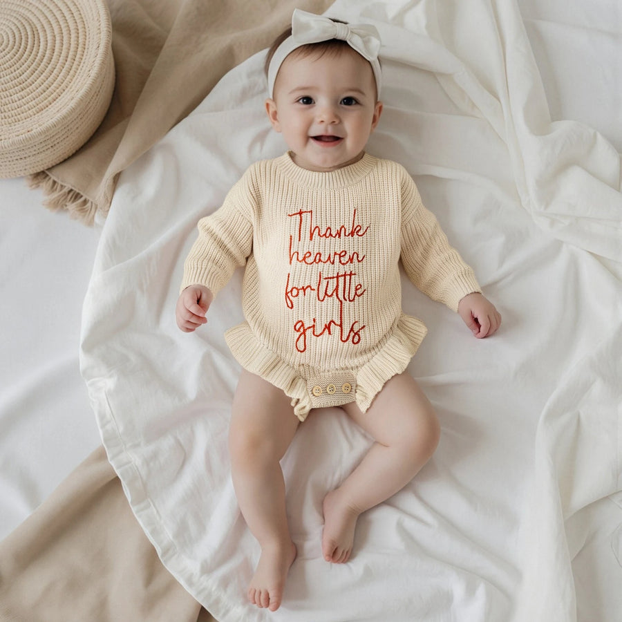 Lovely Baby Sweater Romper with Letter Embroidery and Ruffles