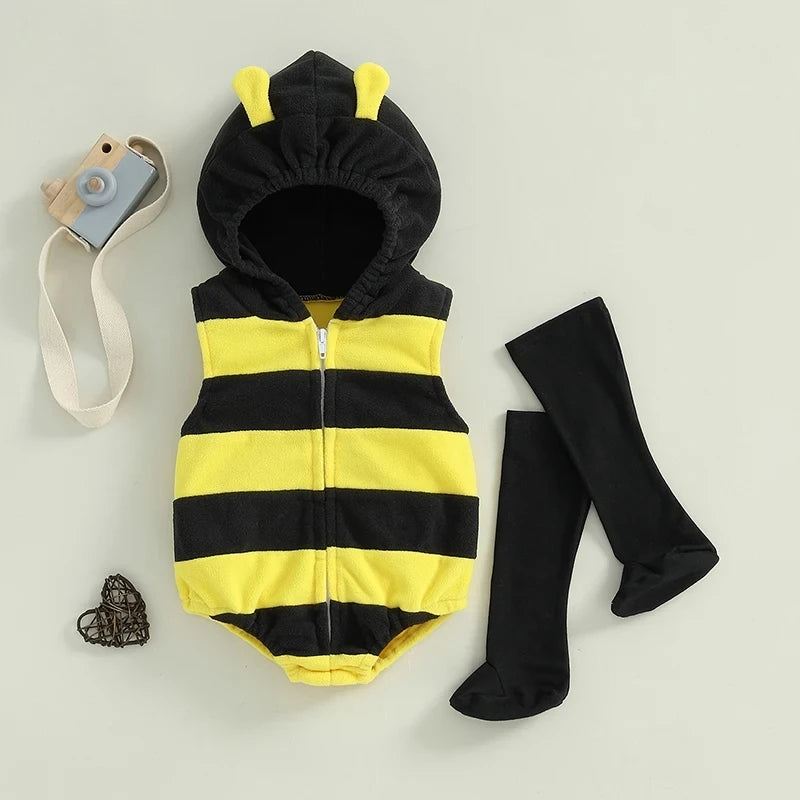 Bumble bee romper costume set laid flat with black stockings