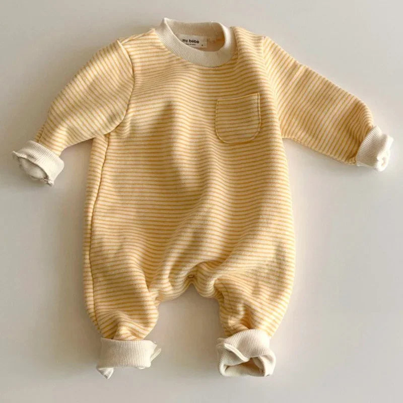 Side view of Striped Long Sleeve Baby Romper