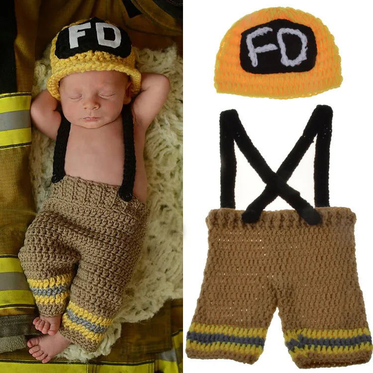 Yellow crochet baby firefighter costume set with hat and suspenders trousers