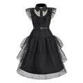 Black layered ruffled dress costume for girls with button-up front and belt