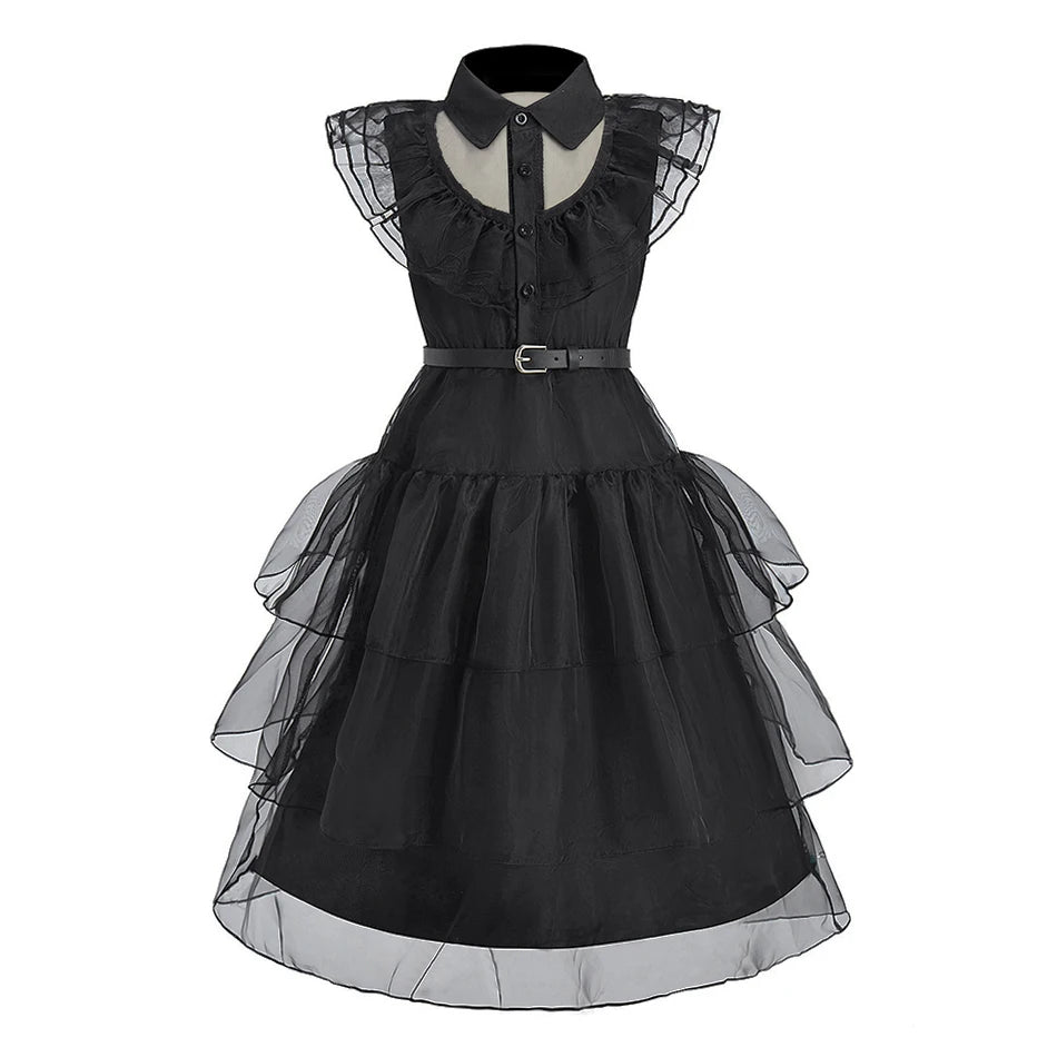 Black layered ruffled dress costume for girls with button-up front and belt