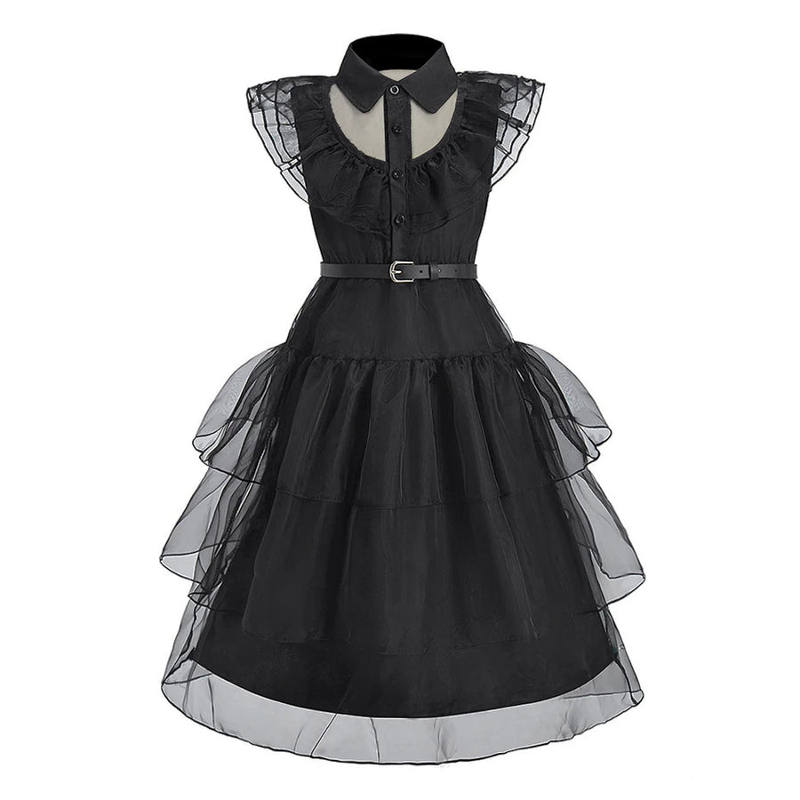 Black layered ruffled dress costume for girls with button-up front and belt
