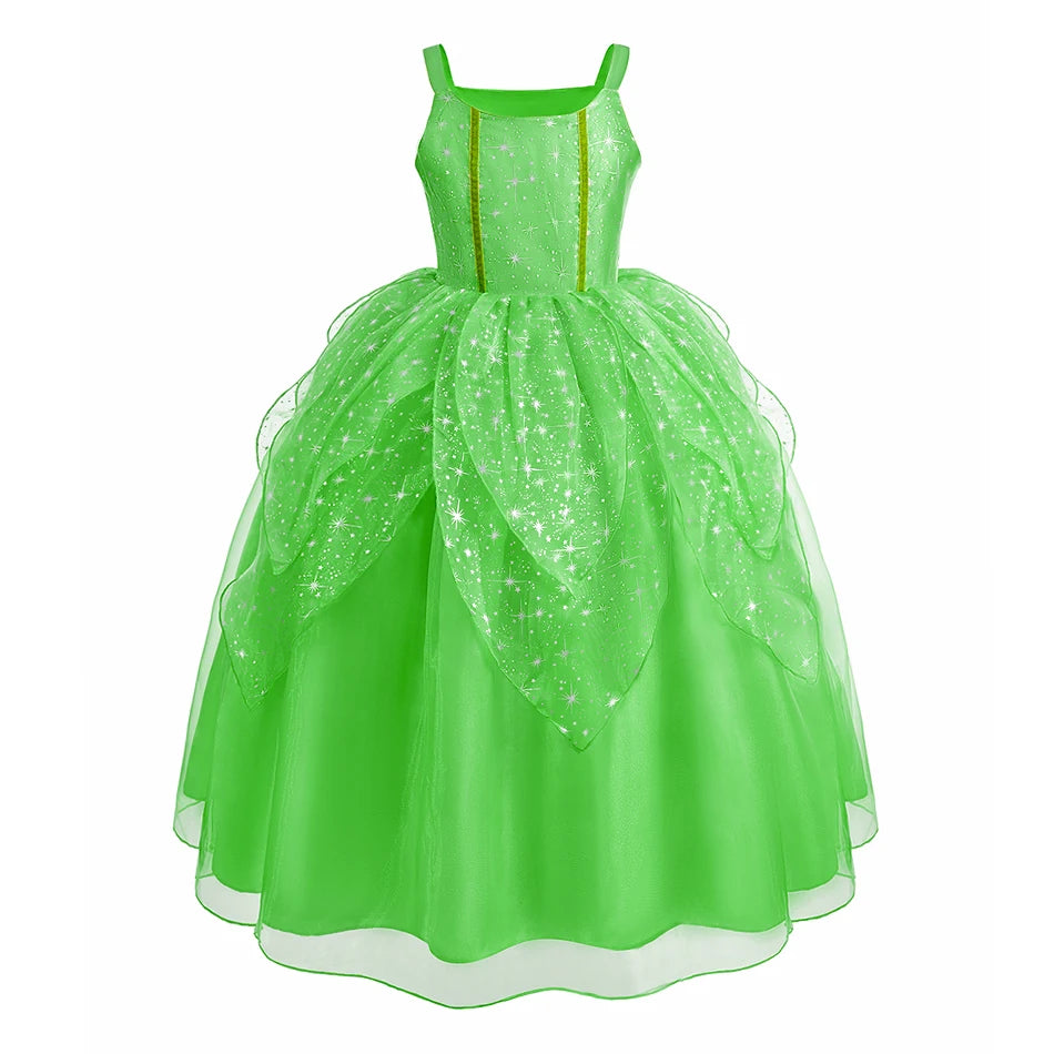 Green sparkle dress with petal overlays for girls