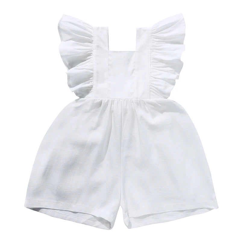 Baby Girls Sleeveless Linen Romper with Ruffles – Summer Jumpsuit