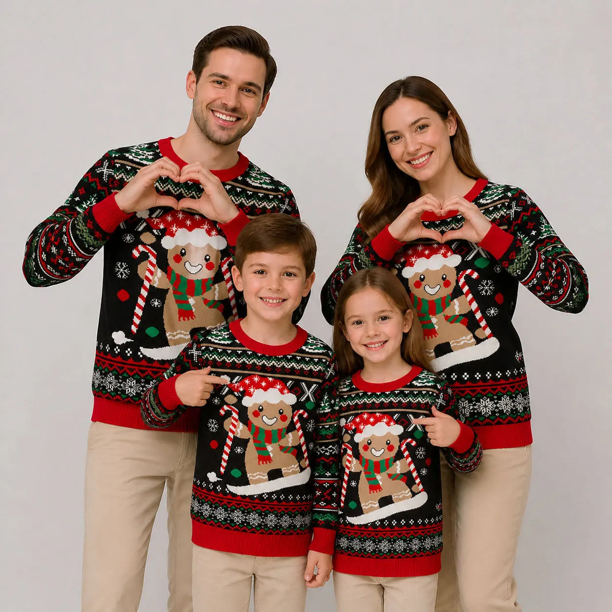 Two adults and two children wearing black Christmas sweaters with gingerbread figures, candy canes, Fair Isle-style bands, and red trim.