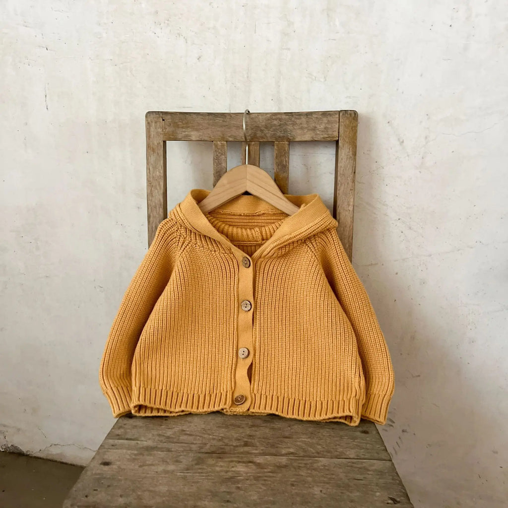 Hooded Pom Pom Knit Cardigan Cozy Cotton Baby Sweater Unisex Autumn Winter Cable Knitwear