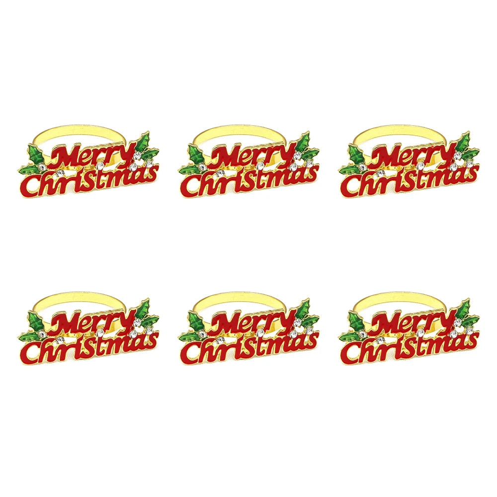 Merry Christmas Lettering Napkin Rings — Set of 6. Red Merry Christmas lettering with green holly accents.