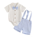 Gentleman Short Sleeve Romper Set with Lapel Neck Shirt, Stripe Suspender Shorts, and Bowtie