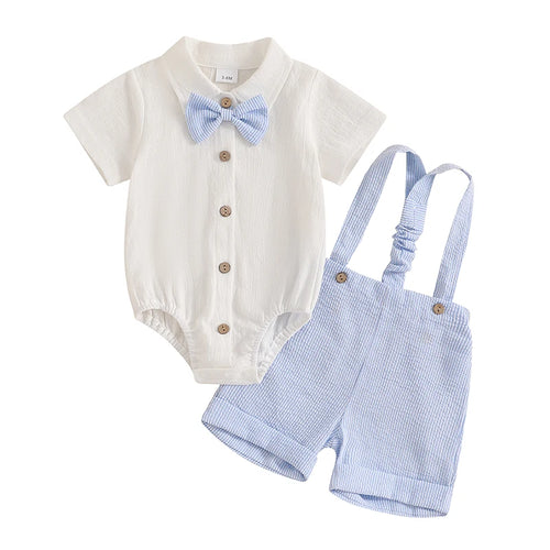 Gentleman Short Sleeve Romper Set with Lapel Neck Shirt, Stripe Suspender Shorts, and Bowtie