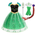 Green princess dress with black and gold bodice, floral tulle skirt, silver tiara, wand, green gloves, and red braided hair