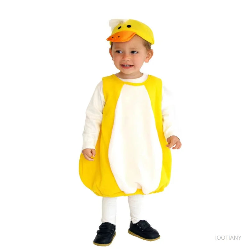Toddler in yellow duckling costume jumpsuit and cap, front view
