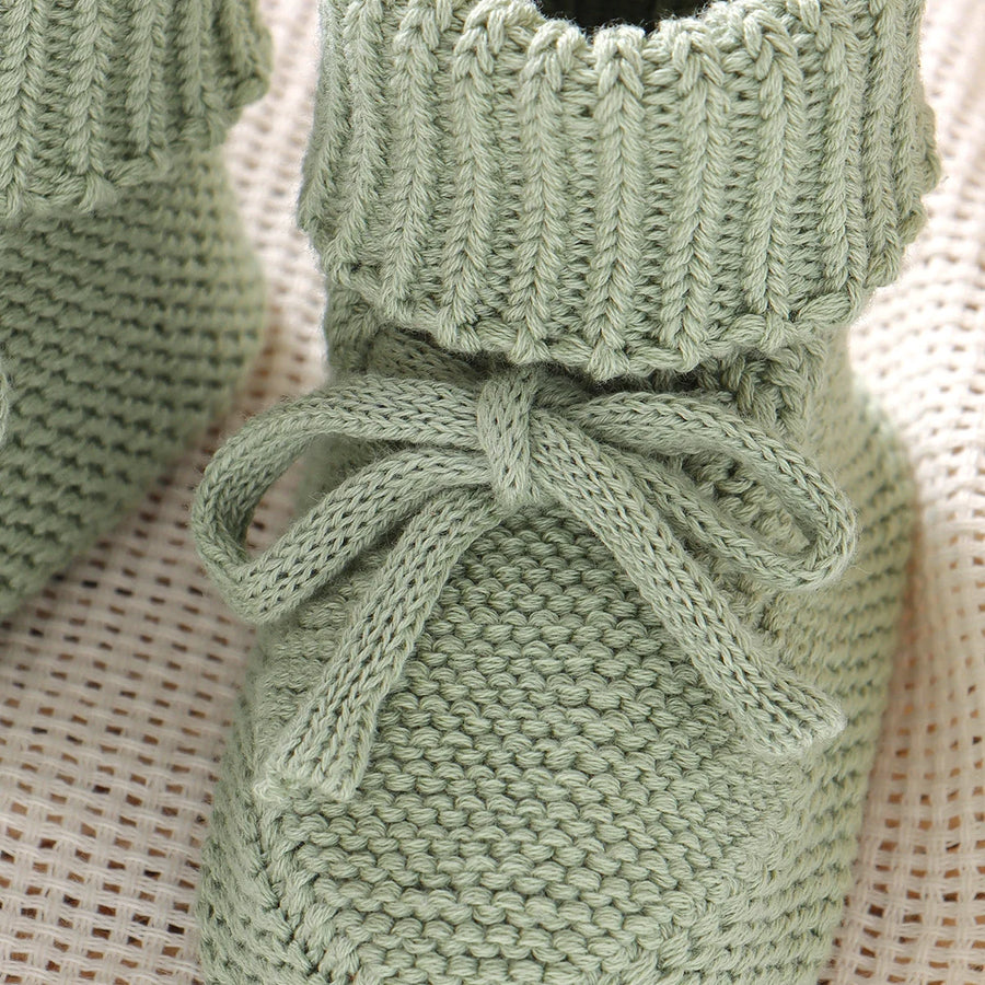 Sage Fine-Knit baby booties, knitted tie detail