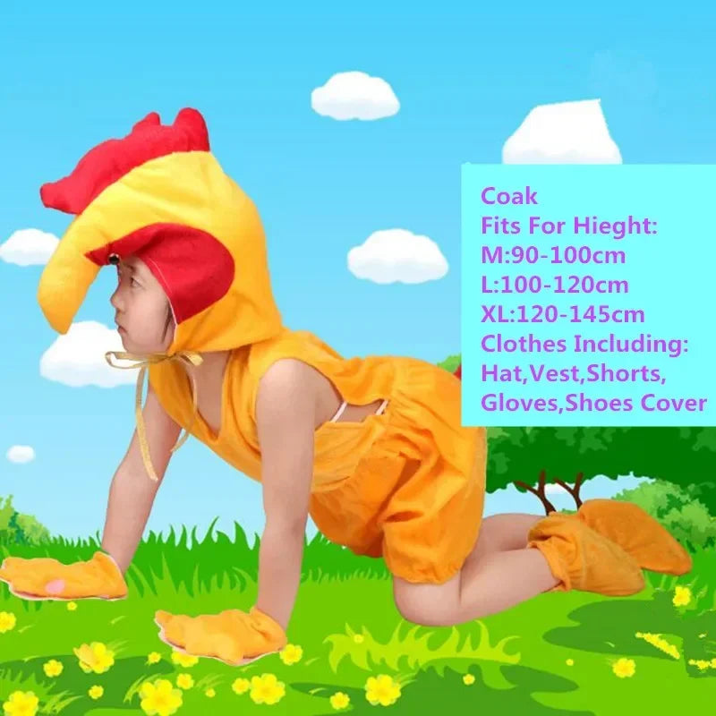 Child wearing yellow rooster animal costume set with hat, vest, shorts, gloves, and shoe covers