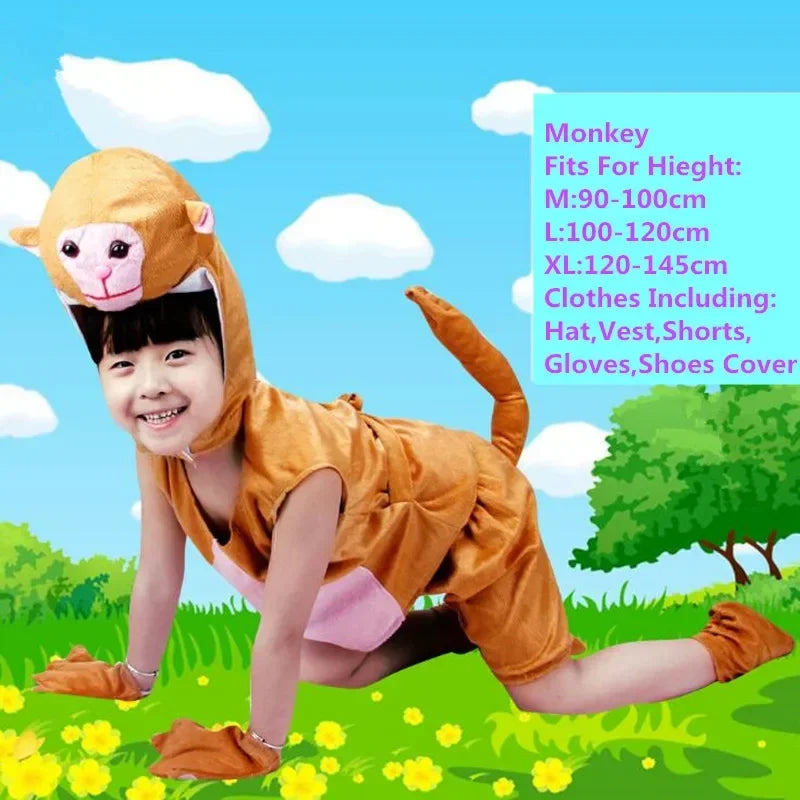 Child wearing a brown monkey animal costume set with hood, vest, shorts, gloves, and shoe covers outdoors.