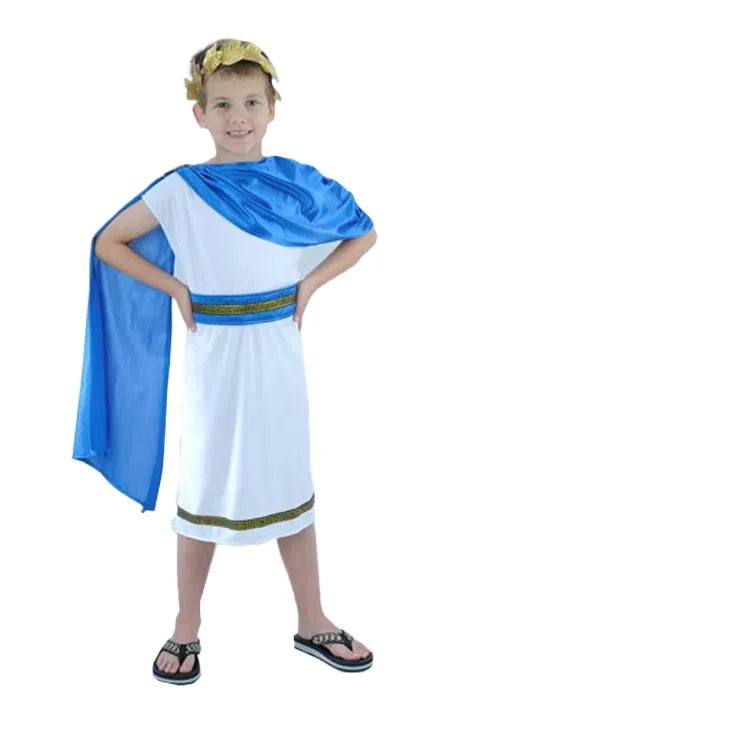 Child wearing a Roman toga costume with white dress, blue sash, and gold laurel wreath headpiece