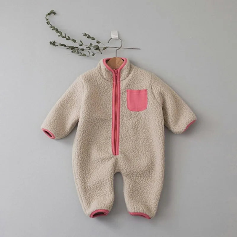 Side view of Warm Lamb Fleece Patchwork Romper