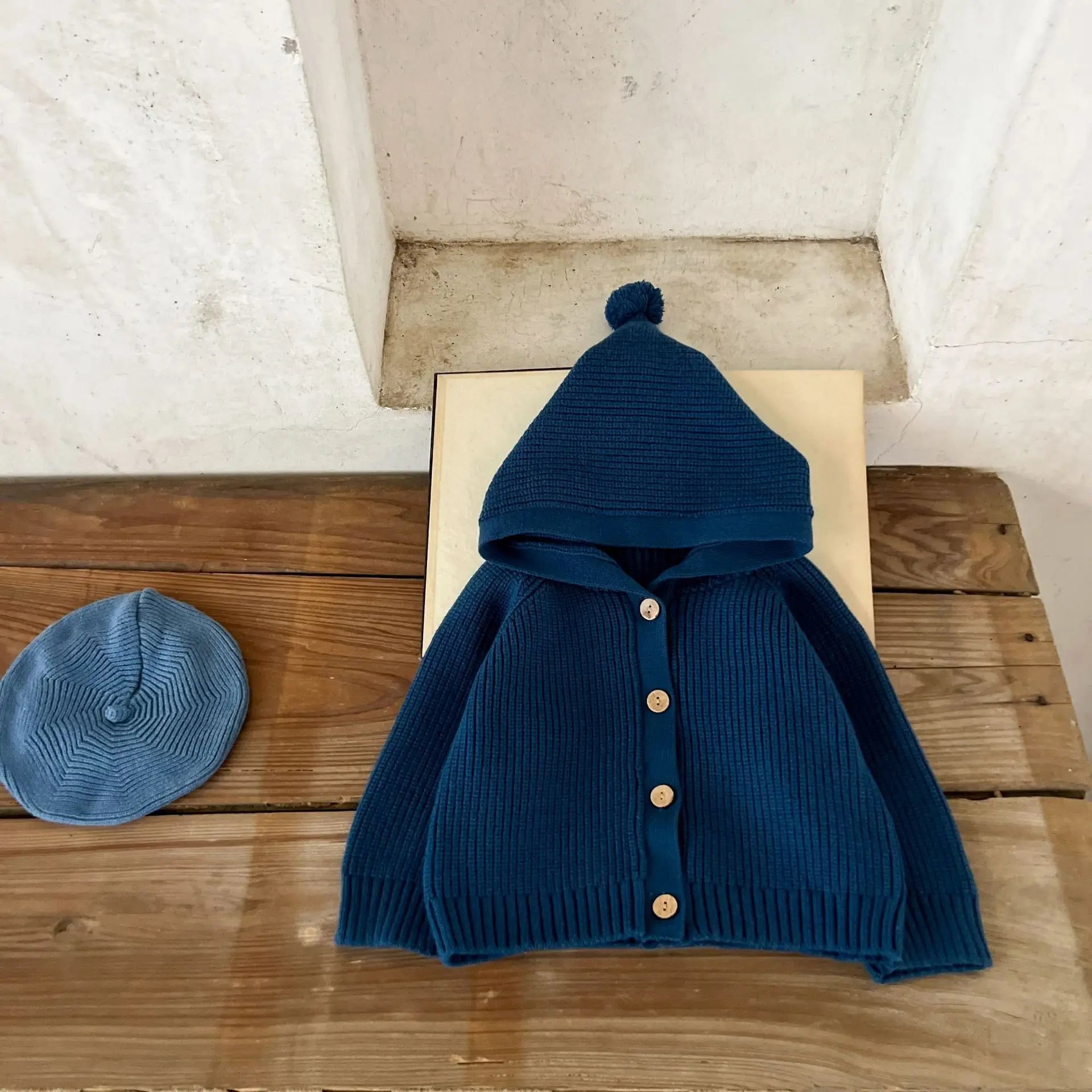 Hooded Pom Pom Knit Cardigan Cozy Cotton Baby Sweater Unisex Autumn Winter Cable Knitwear