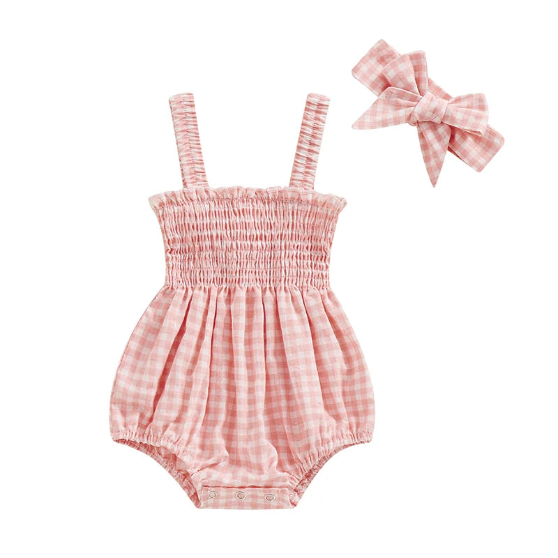 Back view of ruched romper with headband accessory