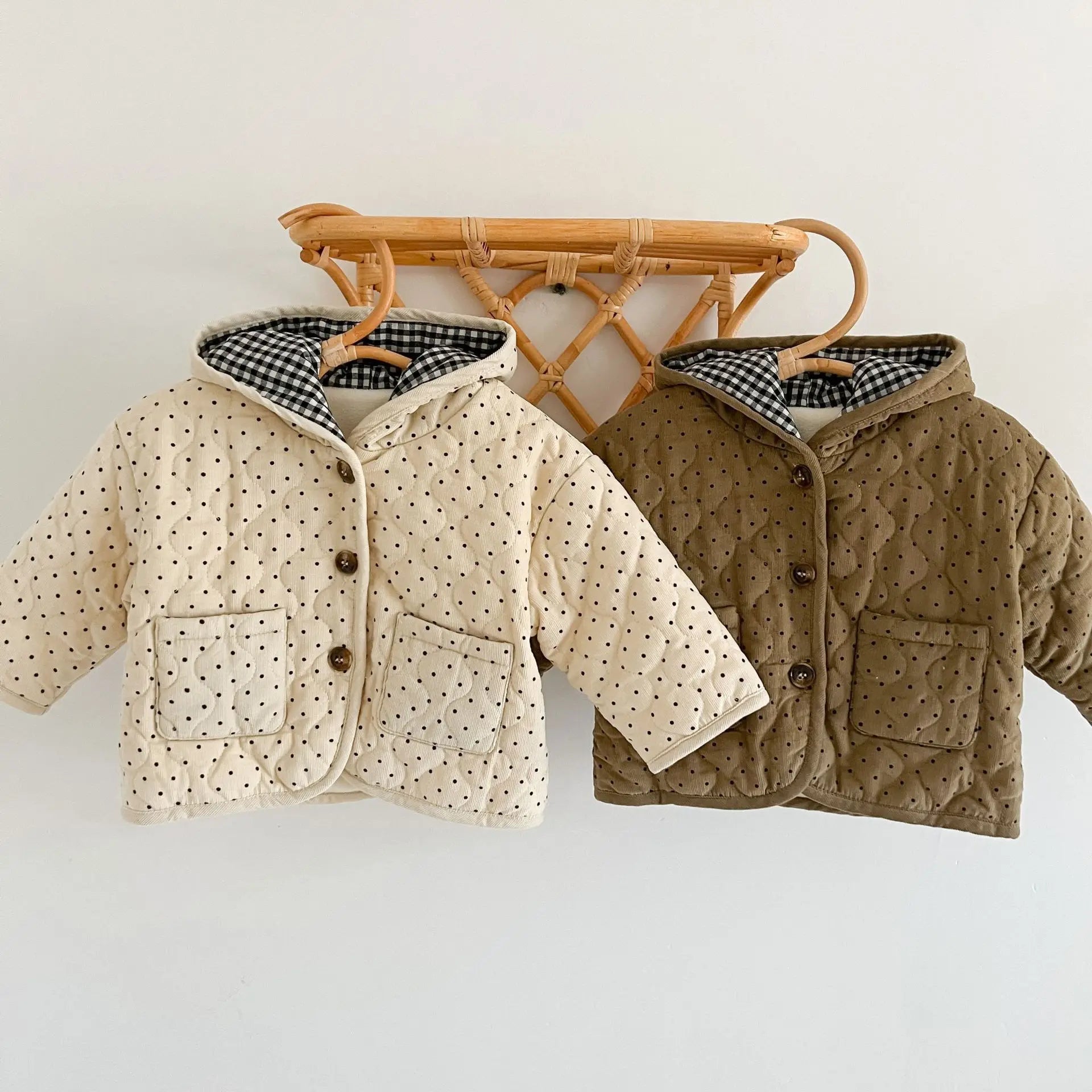 Polka Dot Corduroy Hooded Coat in Brown color for babies