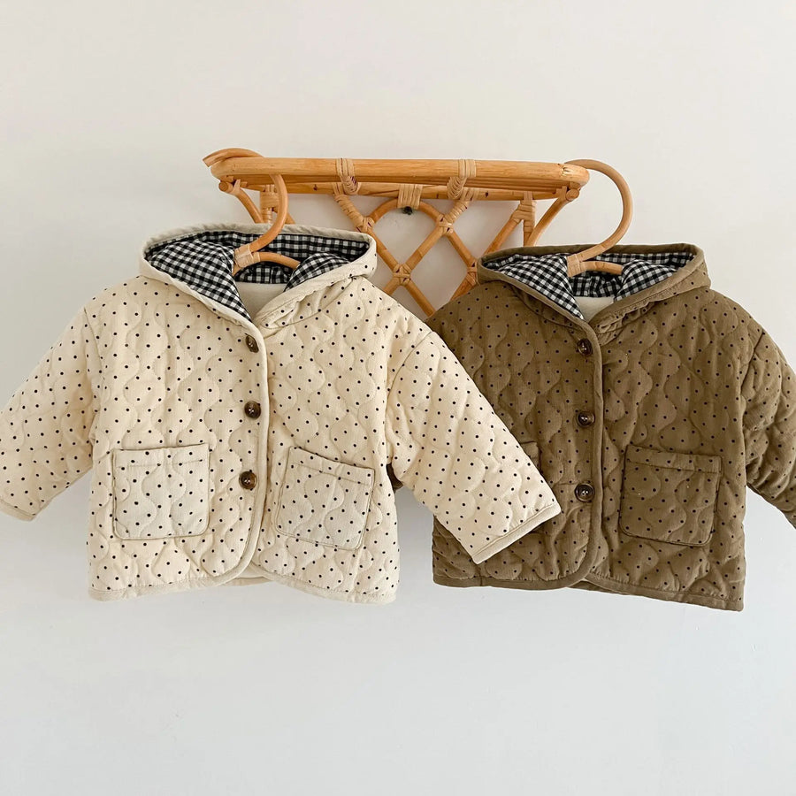 Polka Dot Corduroy Hooded Coat in Brown color for babies