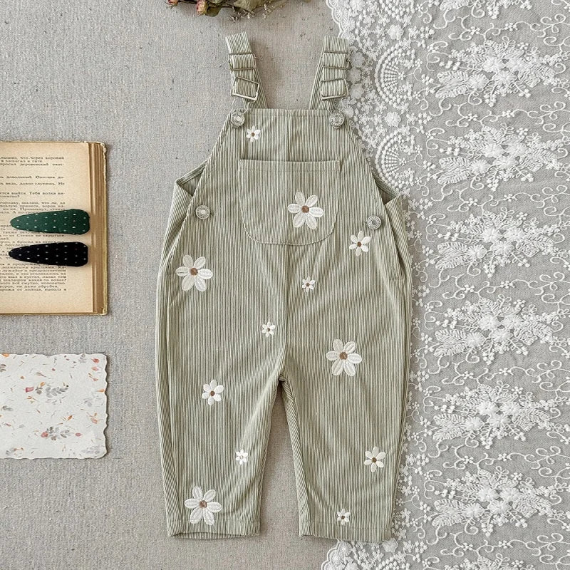 Floral Embroidered Corduroy Overalls