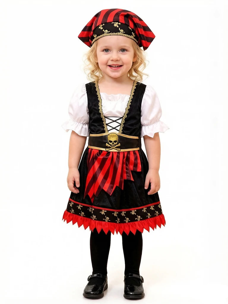 Toddler girl wearing a black and red pirate costume dress with skull and crossbones accents, puffed white sleeves, a matching