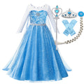 Blue princess dress with glittery skirt, tiara, wand, gloves, and braided hairpiece accessories