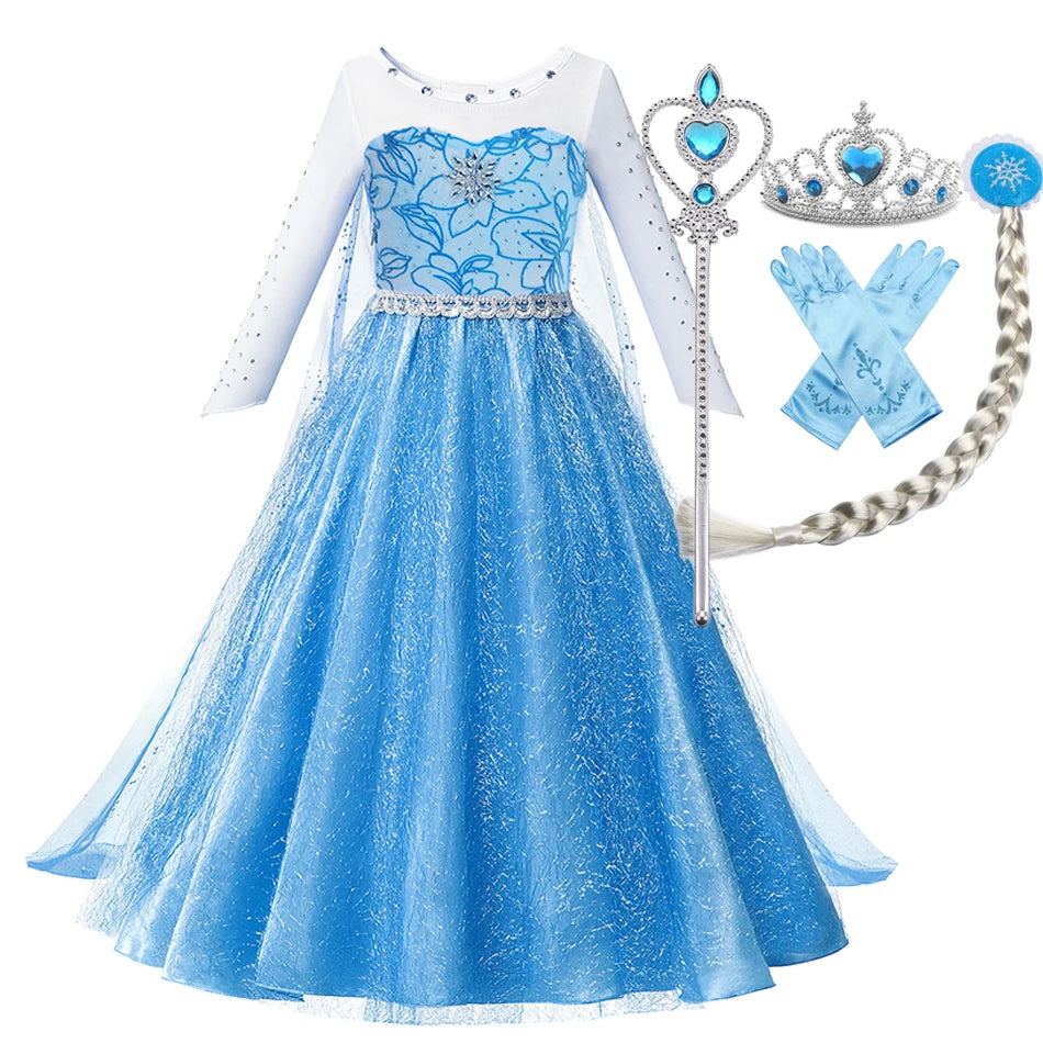 Blue princess dress with glittery skirt, tiara, wand, gloves, and braided hairpiece accessories