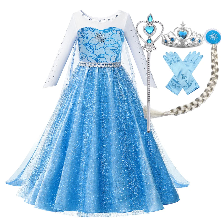 Blue princess dress with glittery skirt, tiara, wand, gloves, and braided hairpiece accessories