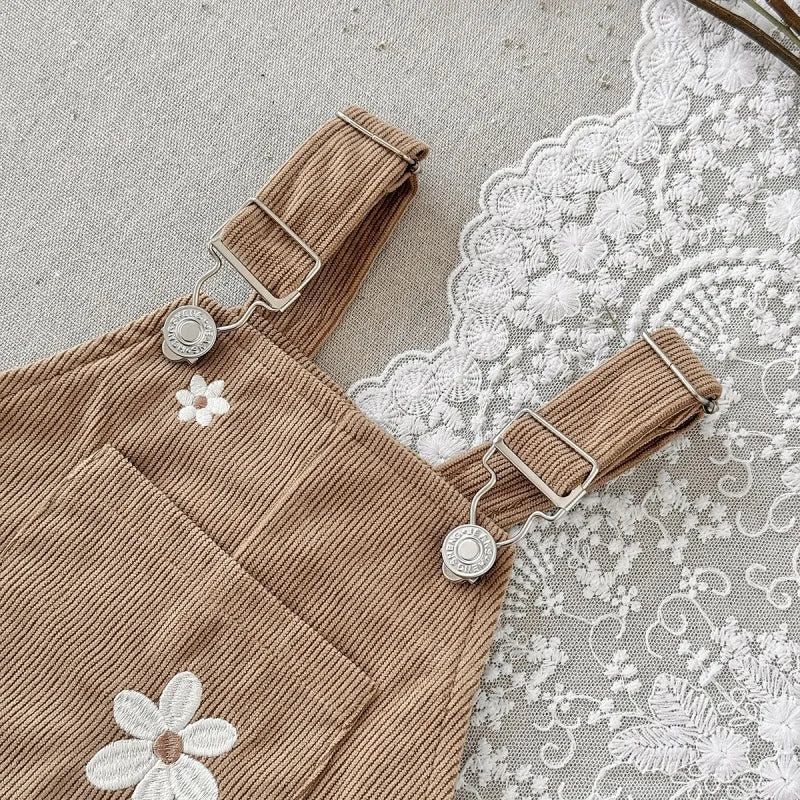 Floral Embroidered Corduroy Overalls