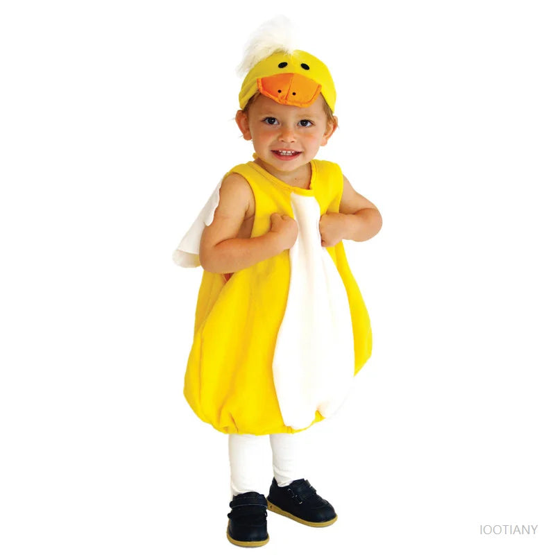 Toddler in yellow duckling costume jumpsuit and cap, side pose