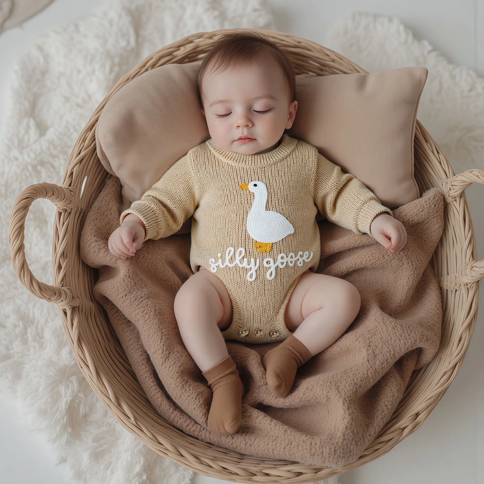 Knitted baby romper in ivory color with embroidered goose detail