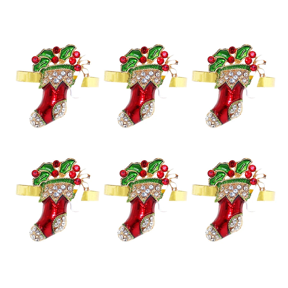 Red Christmas Stocking Napkin Rings — Set of 6. A red stocking with holly and clear decorative accents.