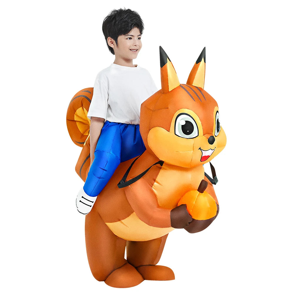 Child wearing inflatable squirrel costume holding an acorn
