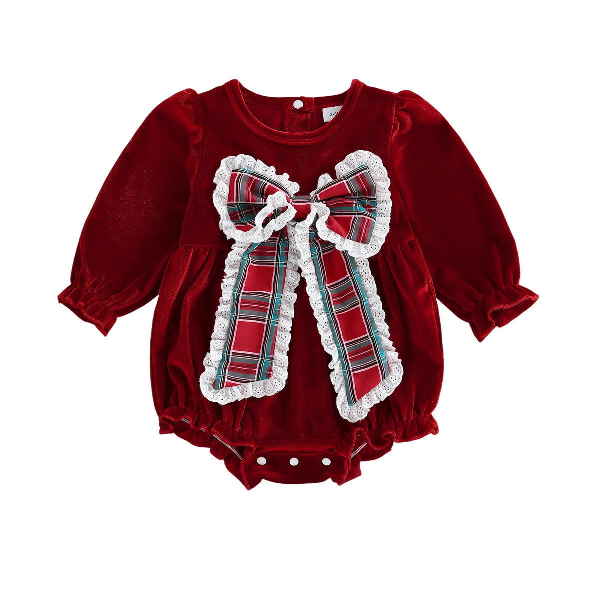 Cranberry baby romper with long puff sleeves and a large tartan bow edged in white lace.