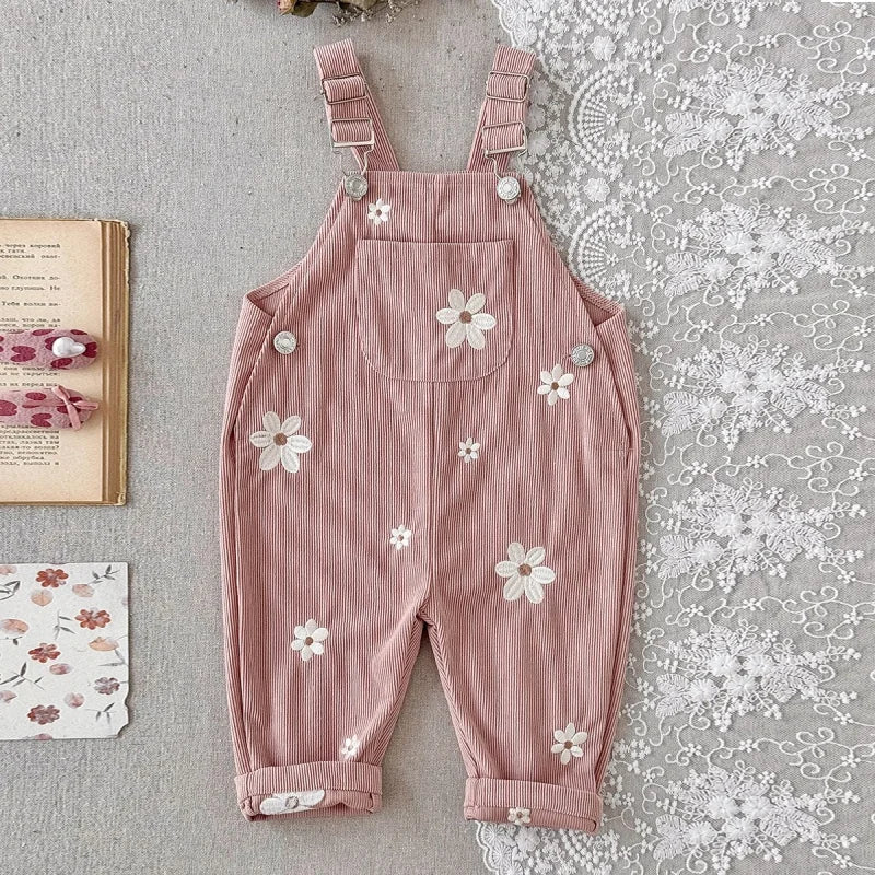 Floral Embroidered Corduroy Overalls