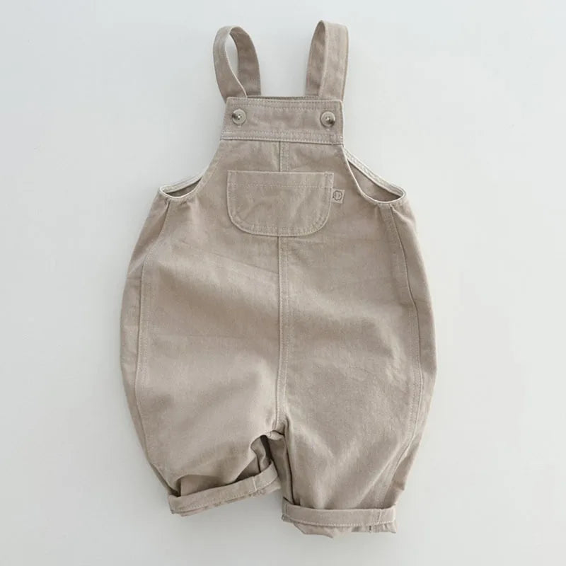 Back view of Toddler Cotton Overalls in Khaki with Suspenders