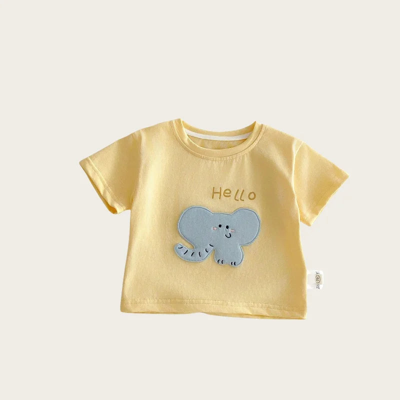 Yellow short-sleeve hello tee with elephant appliqué