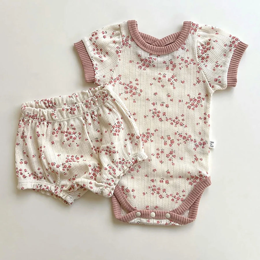 Floral Short Sleeve Romper Set on baby model