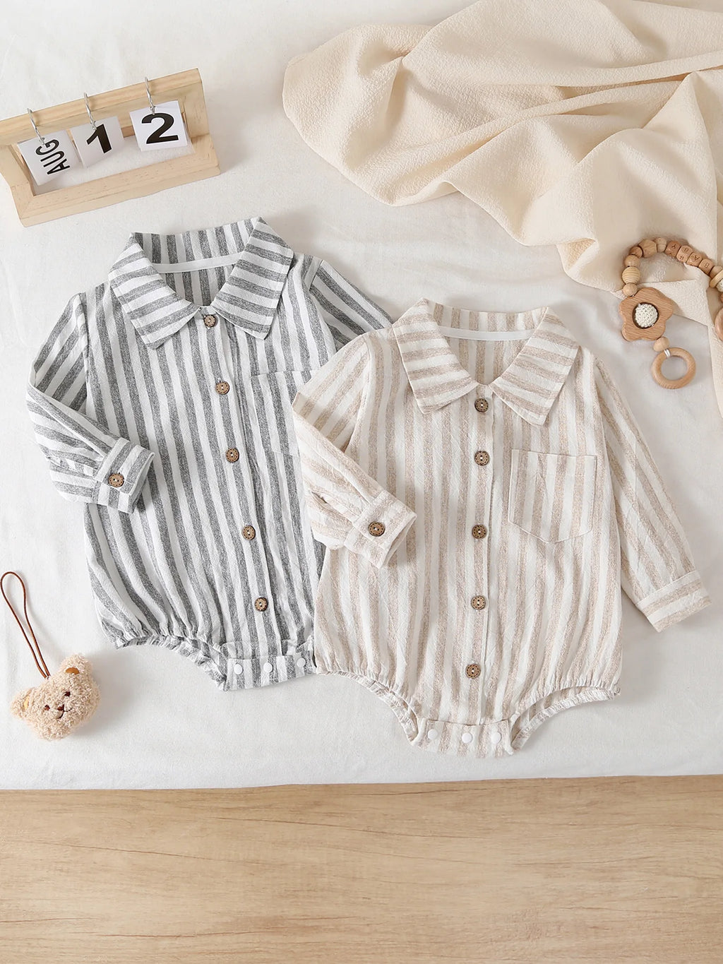 Striped Long-Sleeve Bodysuit with Button Collar for Babies