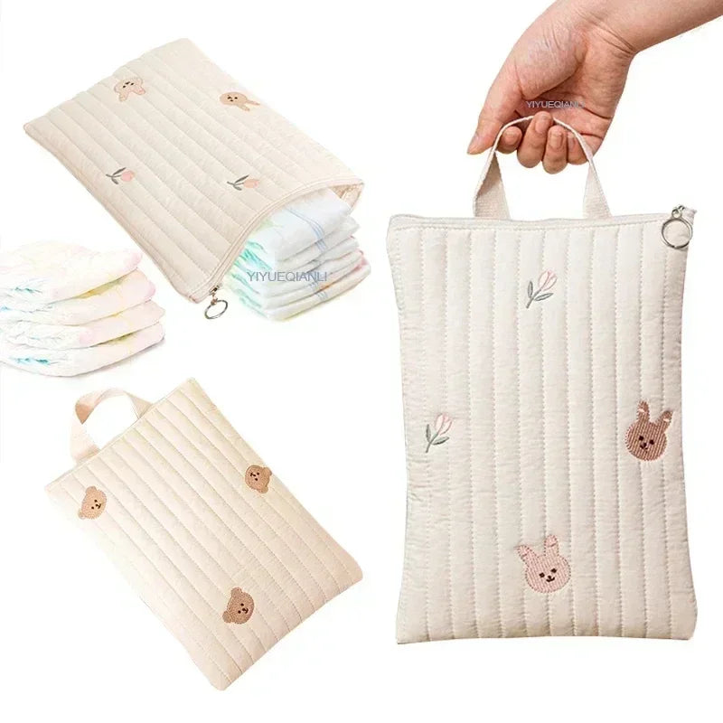 Embroidered Bear Cotton Diaper Bag in multiple colors
