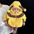 Infant wearing a yellow and brown bee hooded cape costume with antennae pom-poms