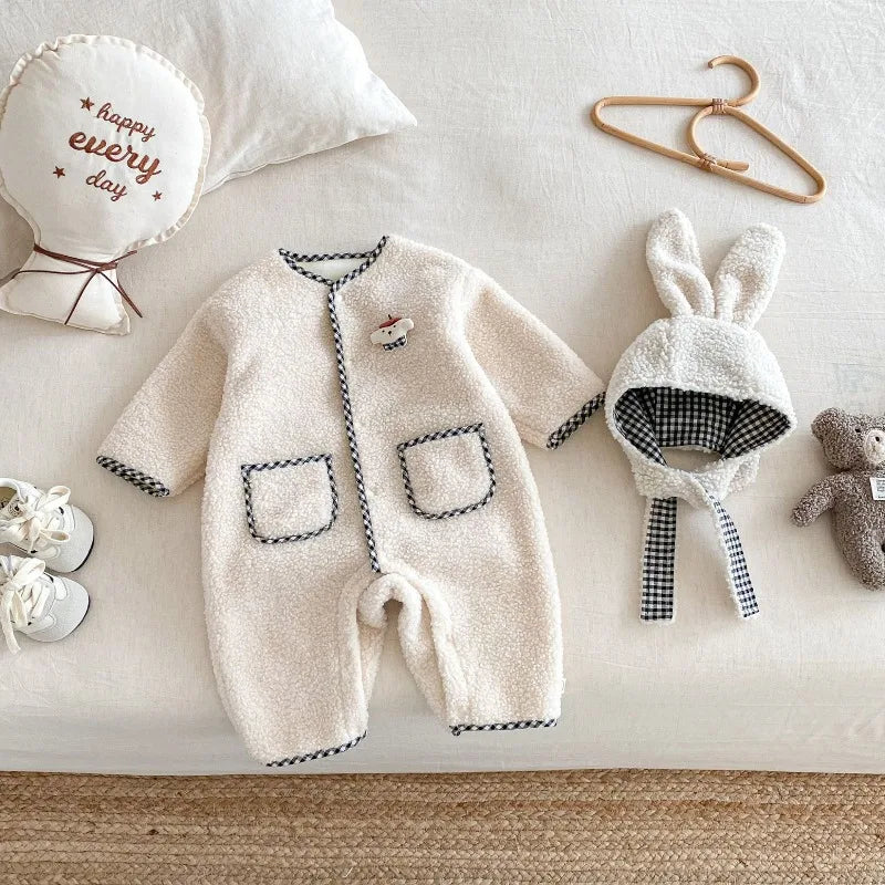 Plaid Bunny Hat Romper cozy fabric close-up