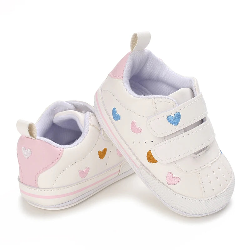 Multicolor Heart Velcro baby sneakers, rear and front views