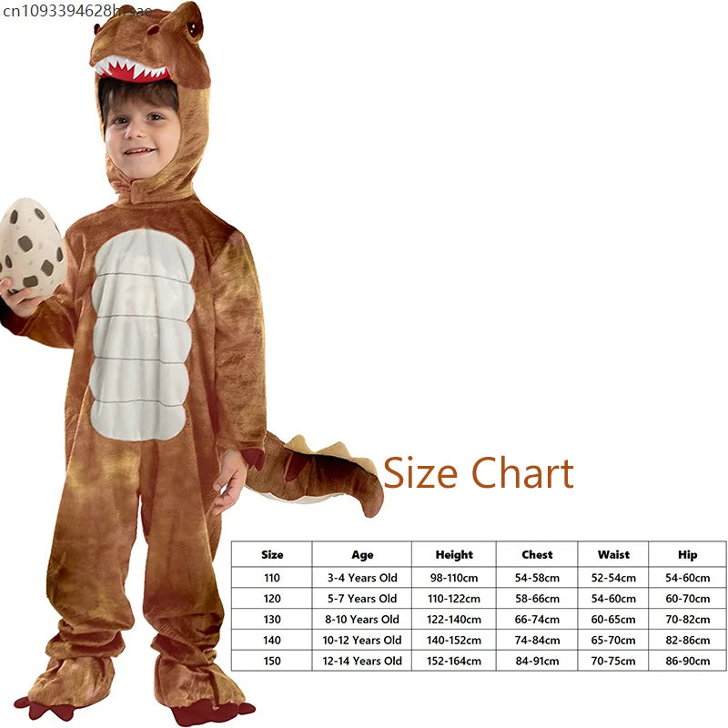 Child wearing dark brown dinosaur hooded romper costume