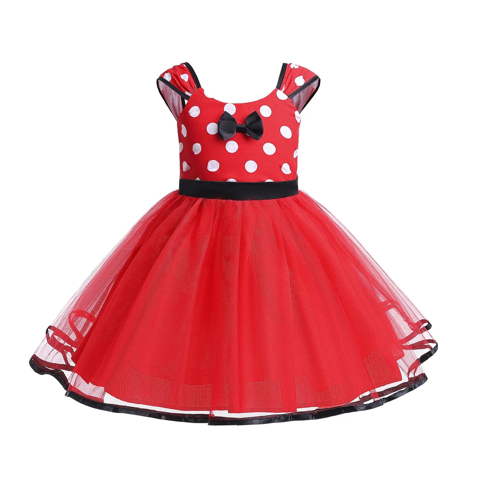 Red polka dot dress with black bow and tulle skirt
